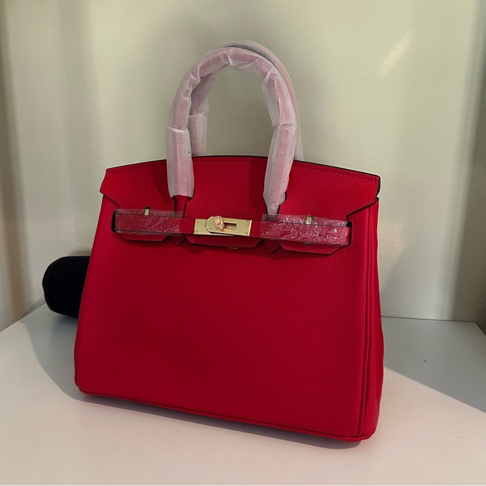 30cm Gold on Red Top Handle Leather Satchel 30cm